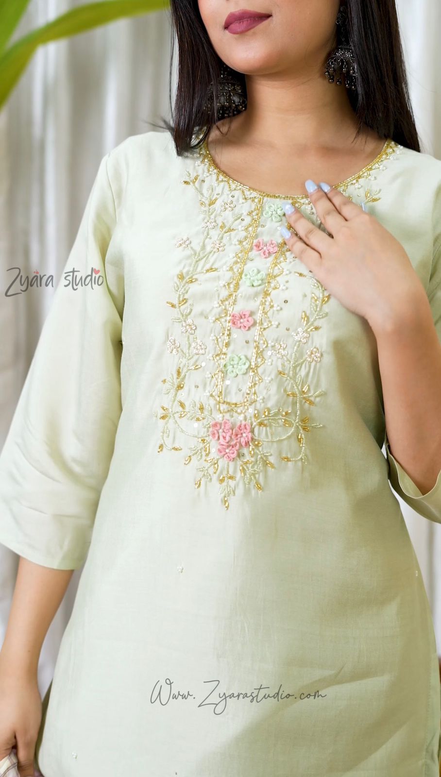 Light pista Hand Embroidered pearl and cutdana work On The Neck kurti set zs340