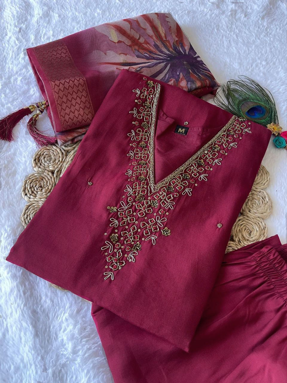 cherry Embroidered pearl and cutdana work On The Neck kurti set zs313