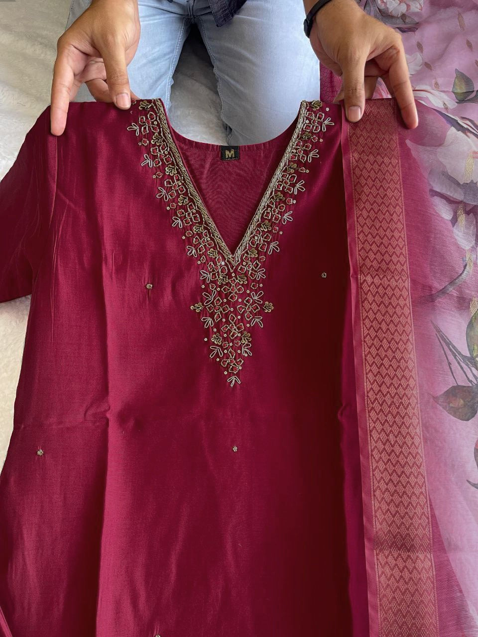 cherry Embroidered pearl and cutdana work On The Neck kurti set zs313