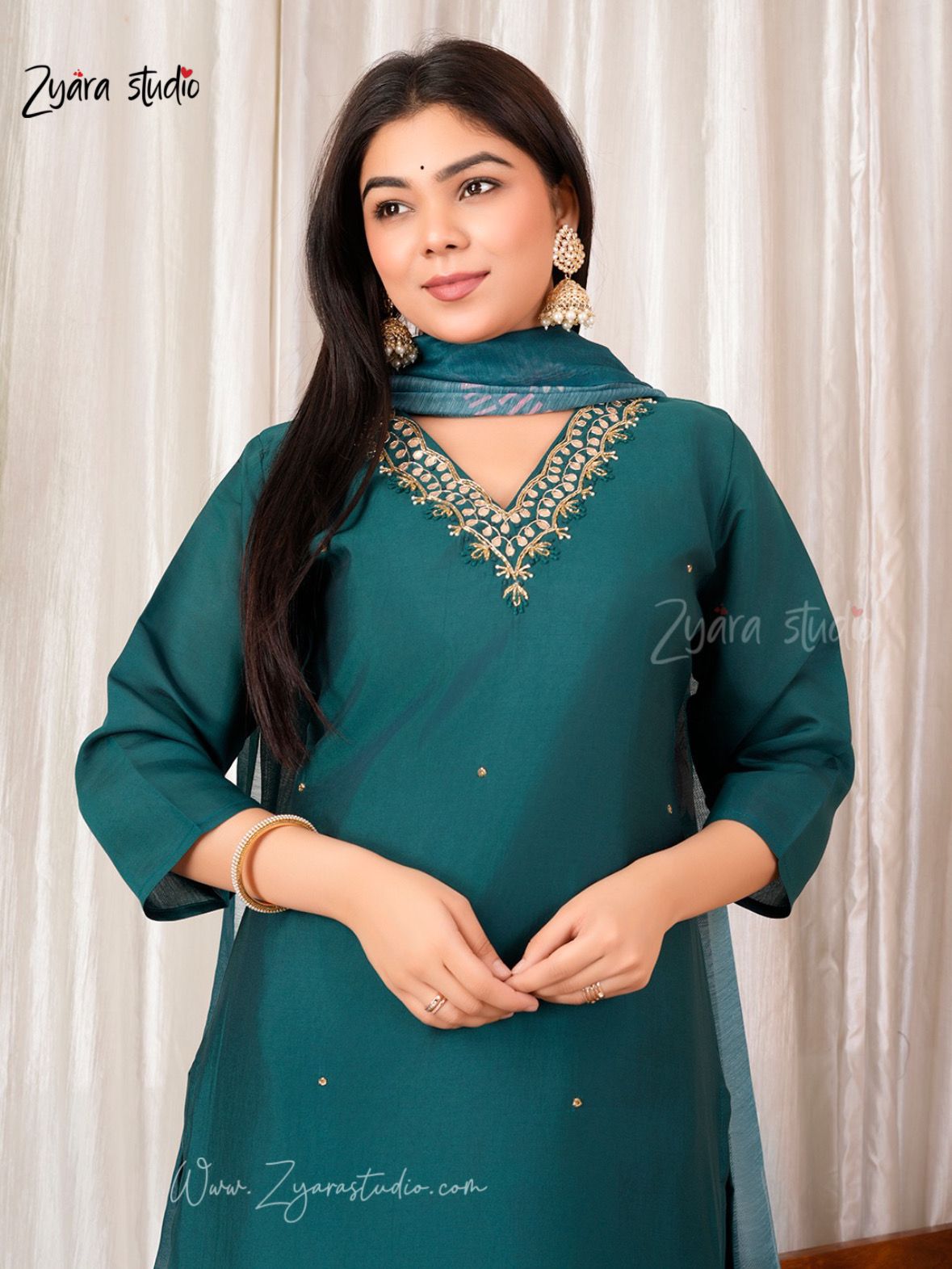 Dark Rama Embroidered pearl and gotapati work On The Neck kurti set zs347