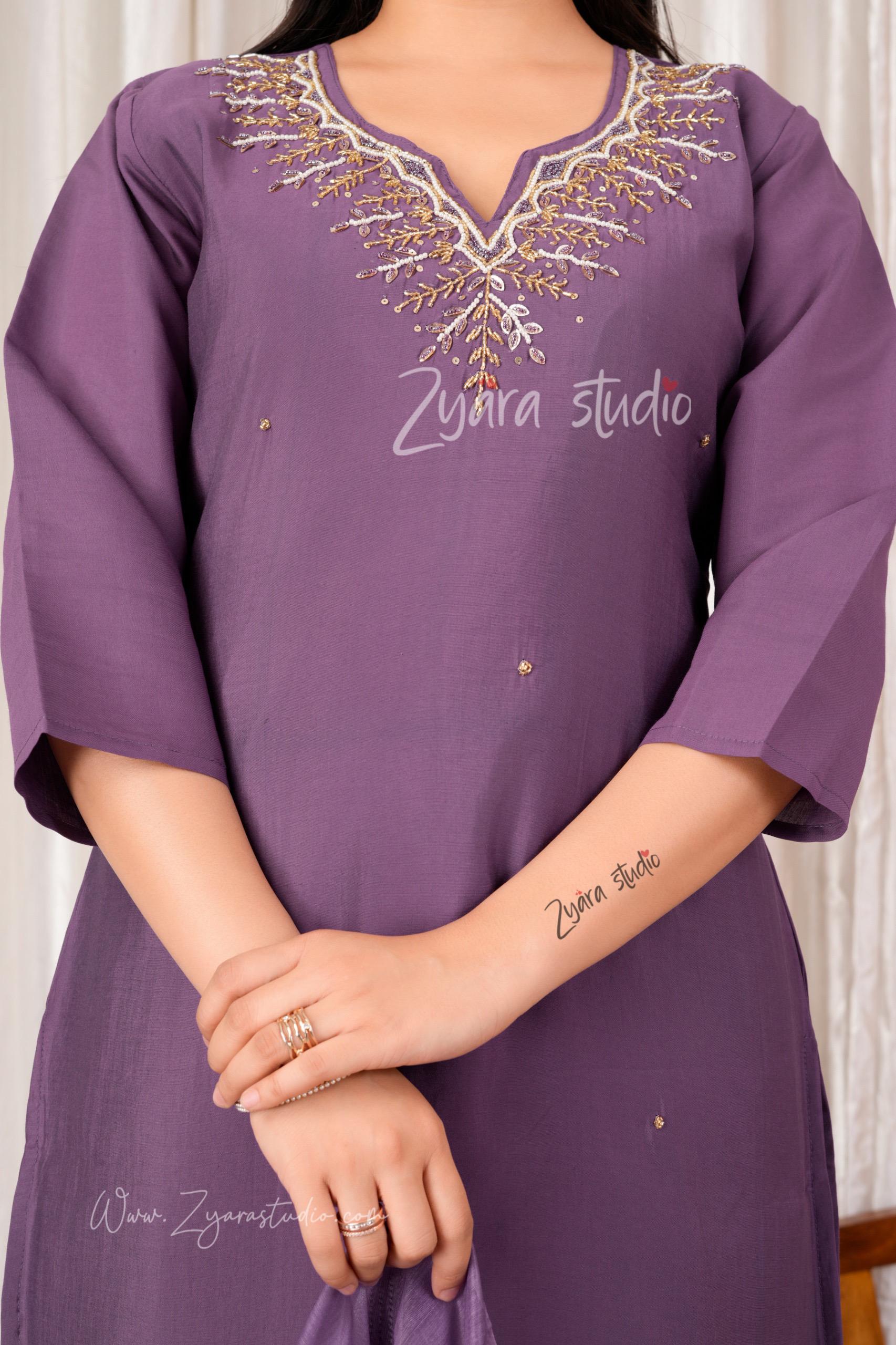 Light Purple Hand Embroidered pearl and cutdana work On The Neck kurti set zs350