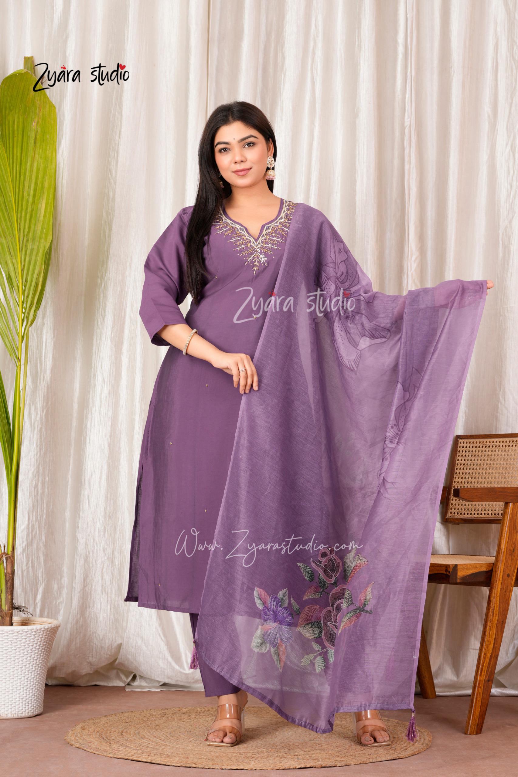 Light Purple Hand Embroidered pearl and cutdana work On The Neck kurti set zs350