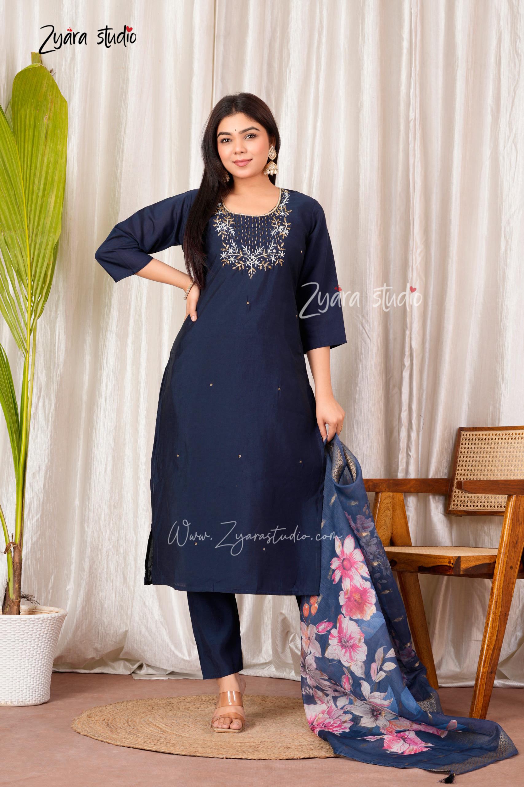 nevy blue Hand Embroidered pearl and cutdana work On The Neck kurti set zs336