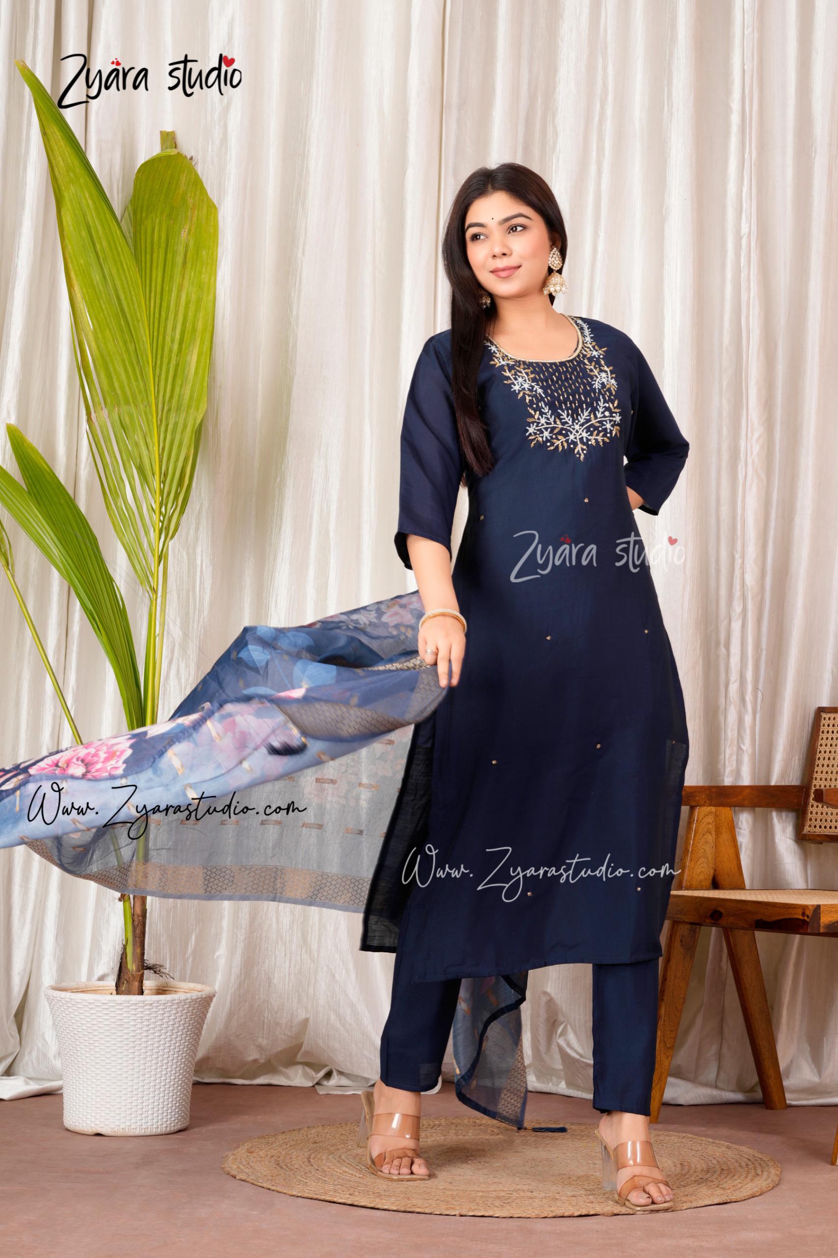 nevy blue Hand Embroidered pearl and cutdana work On The Neck kurti set zs336