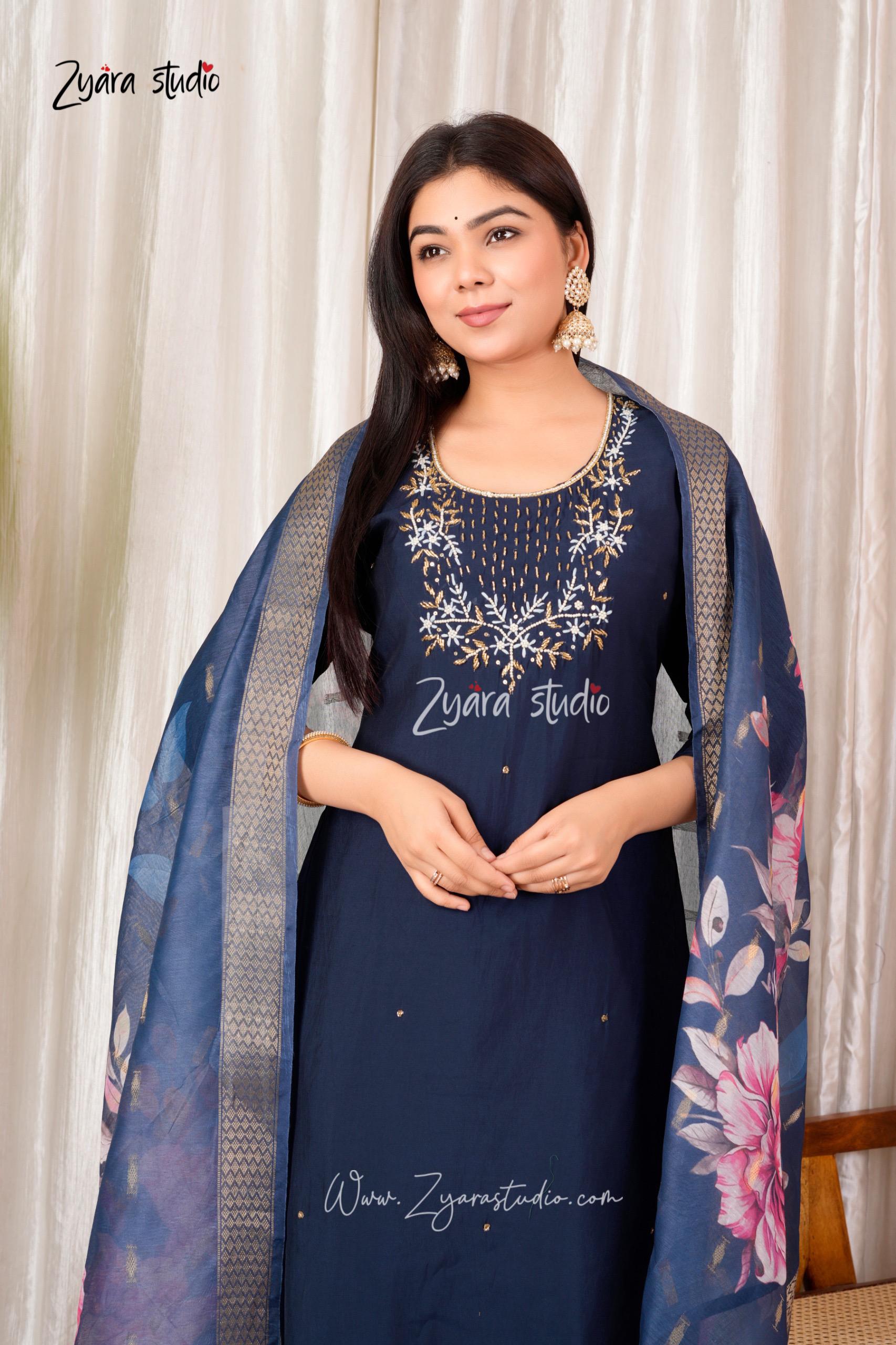 nevy blue Hand Embroidered pearl and cutdana work On The Neck kurti set zs336