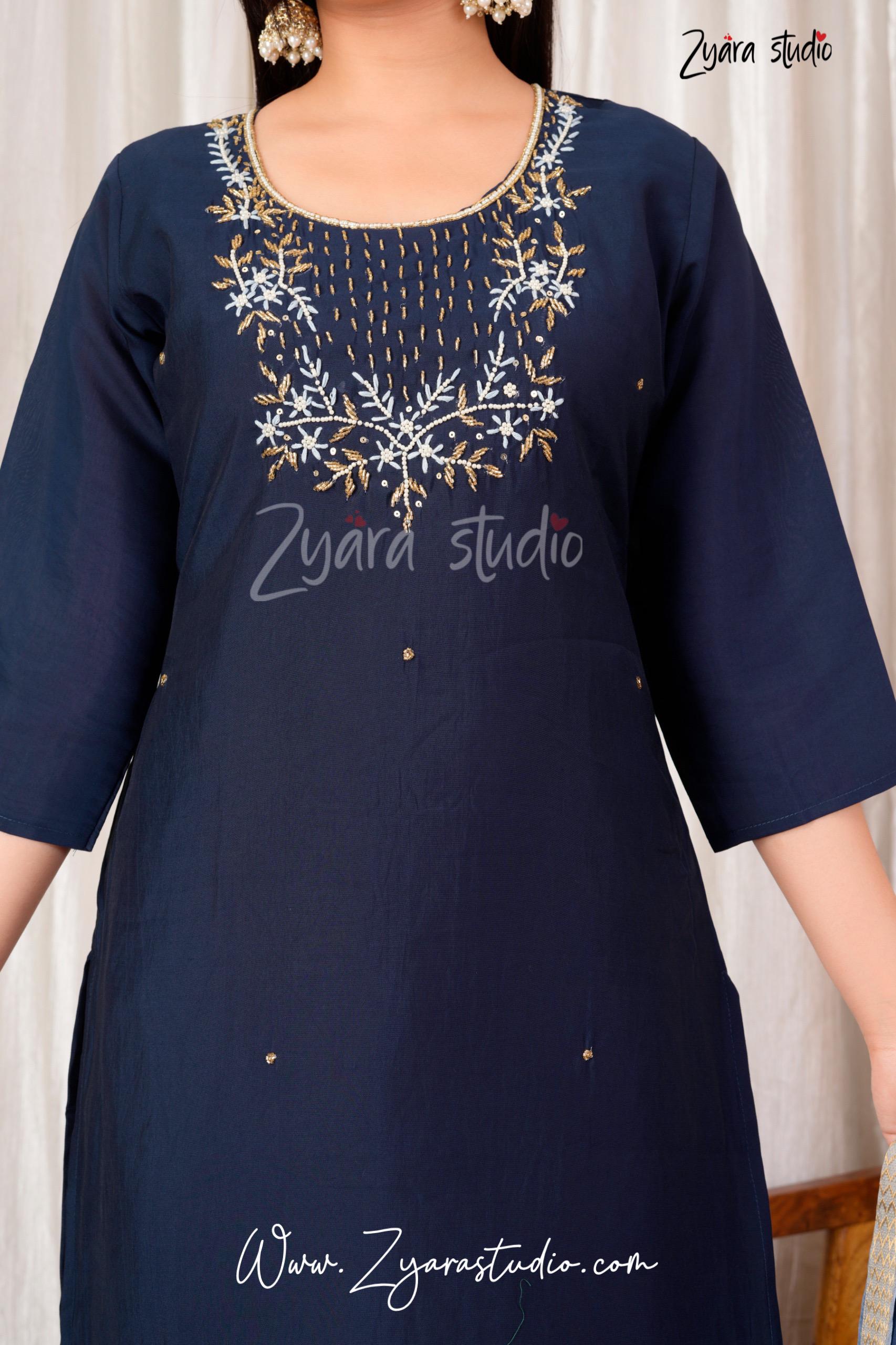 nevy blue Hand Embroidered pearl and cutdana work On The Neck kurti set zs336