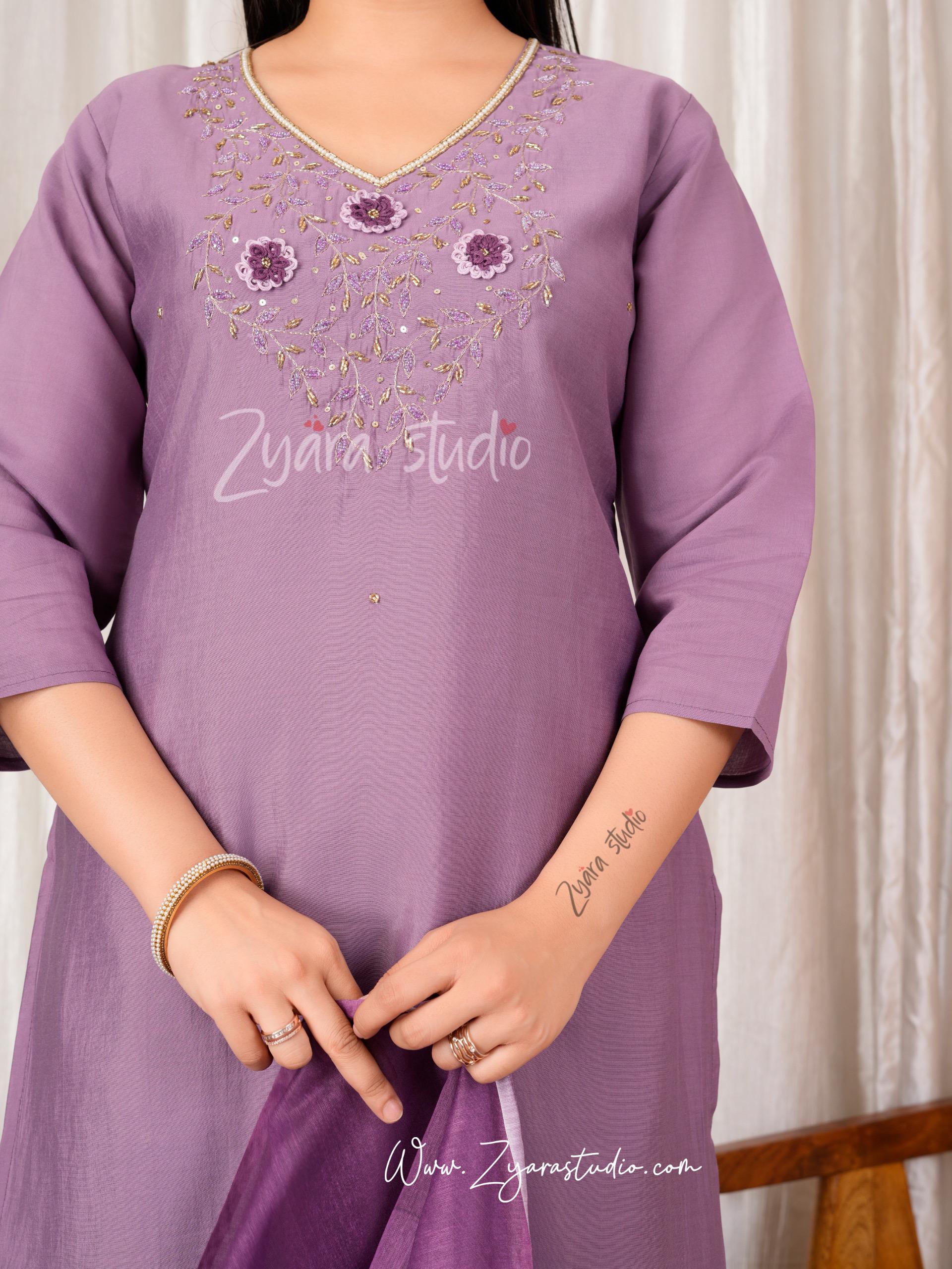 Light Purple hand embroidered pearl and cutdana On work The Neck kurti set zs351