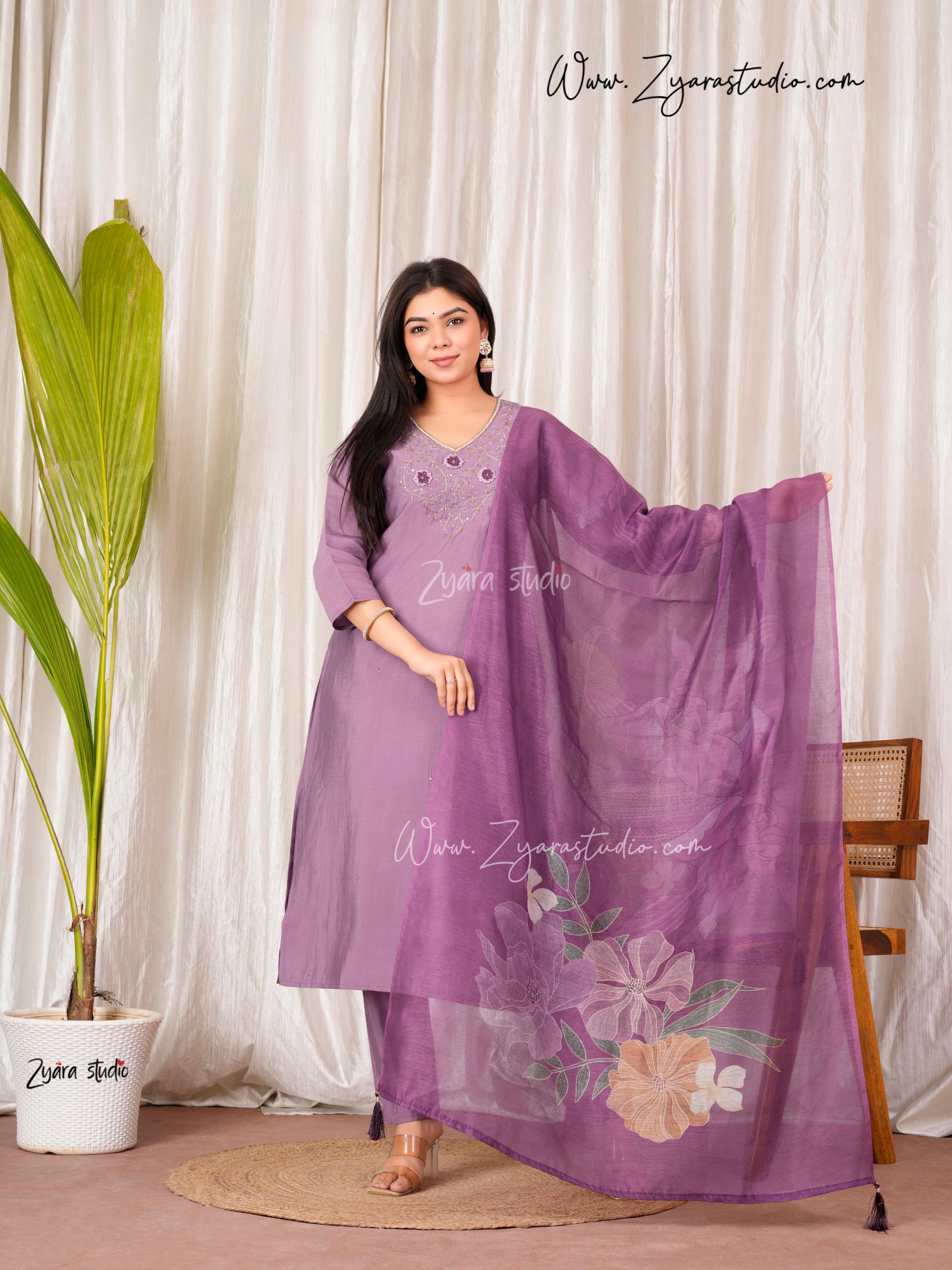 Light Purple hand embroidered pearl and cutdana On work The Neck kurti set zs351