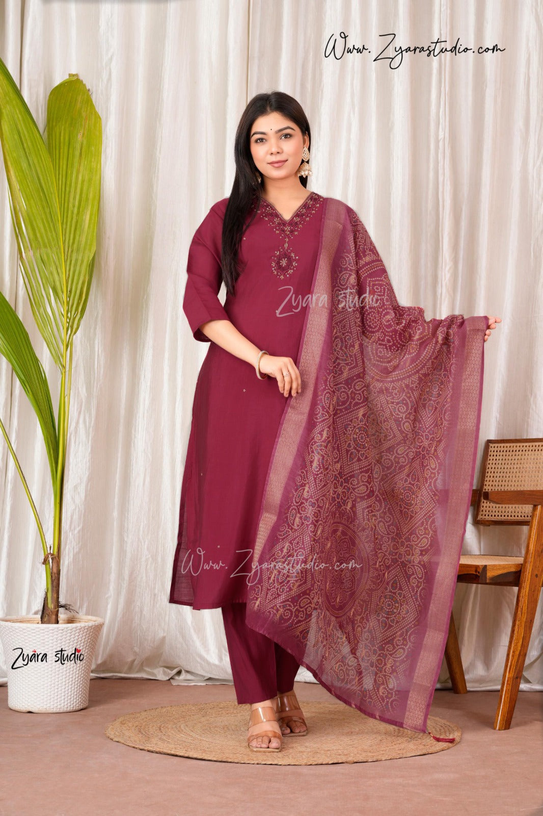 maroon Hand Embroidered pearl and cutdana work On The Neck kurti set zs328