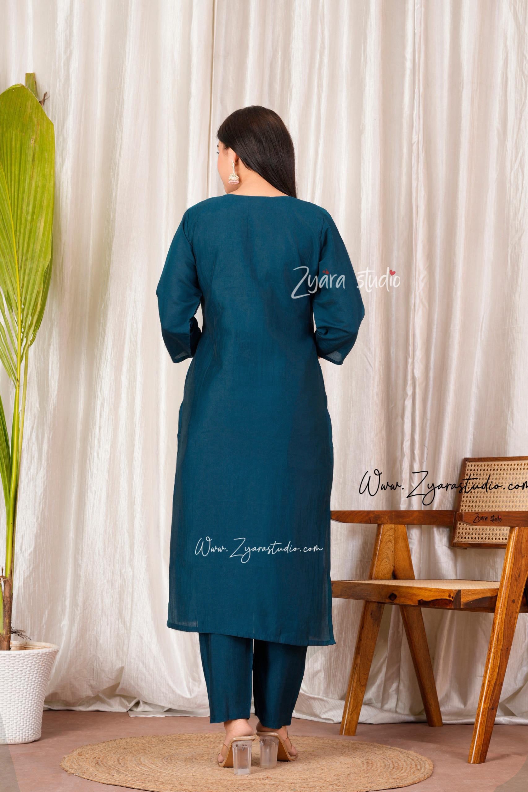 Dark Peacock Hand Embroidered pearl and cutdana work On The Neck kurti set zs337