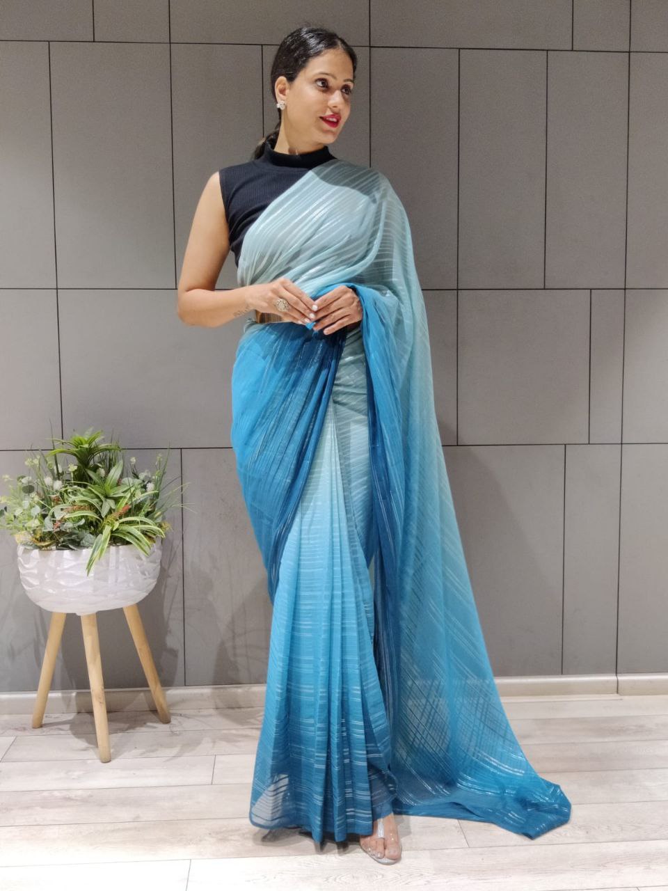 1-min ready to wear satin patti 3d shaded saree with unstitch blouse. D9 SKY