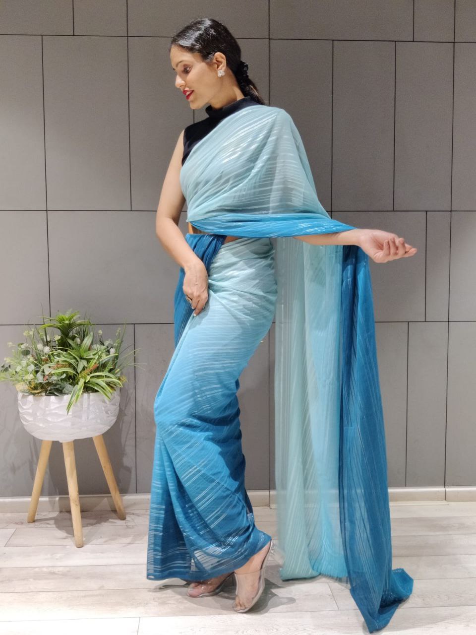 1-min ready to wear satin patti 3d shaded saree with unstitch blouse. D9 SKY