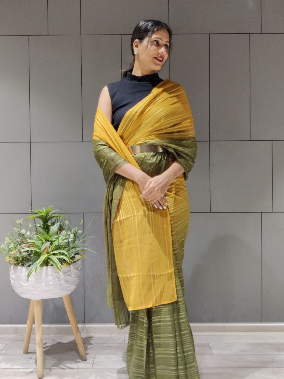 1-min ready to wear satin patti 3d shaded saree with unstitch blouse. D9 MUSTERD