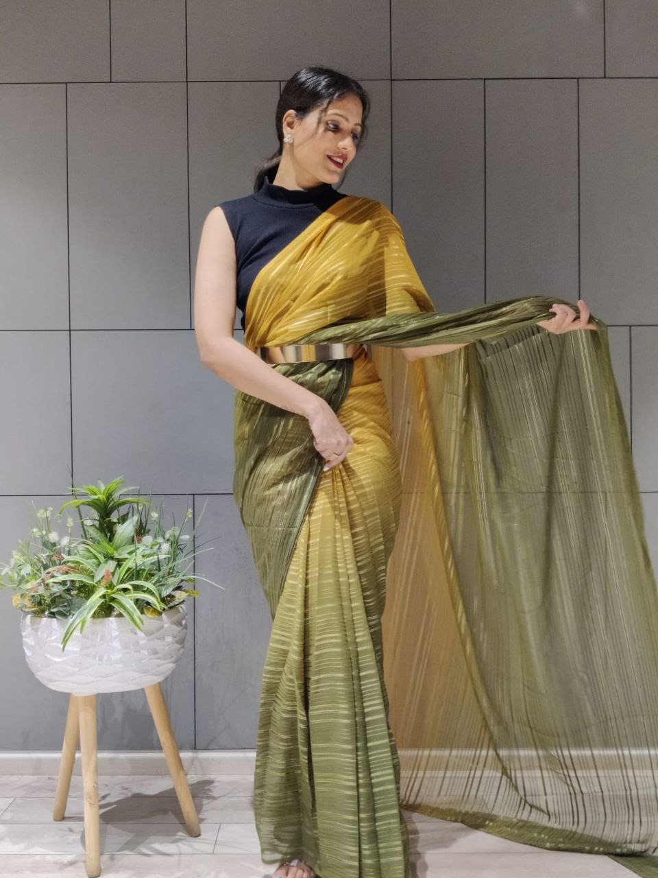 1-min ready to wear satin patti 3d shaded saree with unstitch blouse. D9 MUSTERD