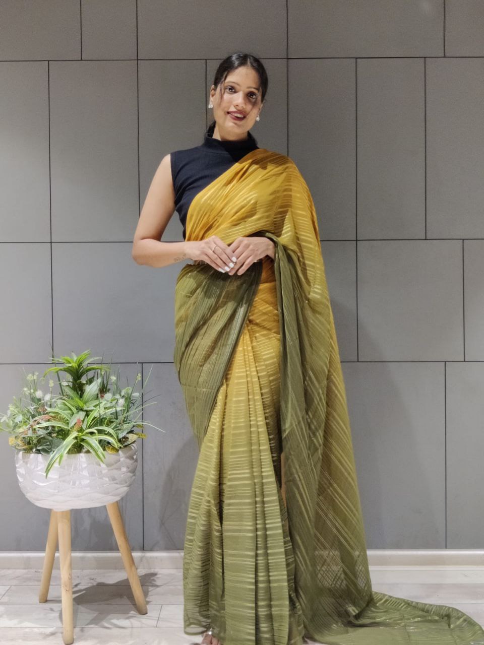 1-min ready to wear satin patti 3d shaded saree with unstitch blouse. D9 MUSTERD