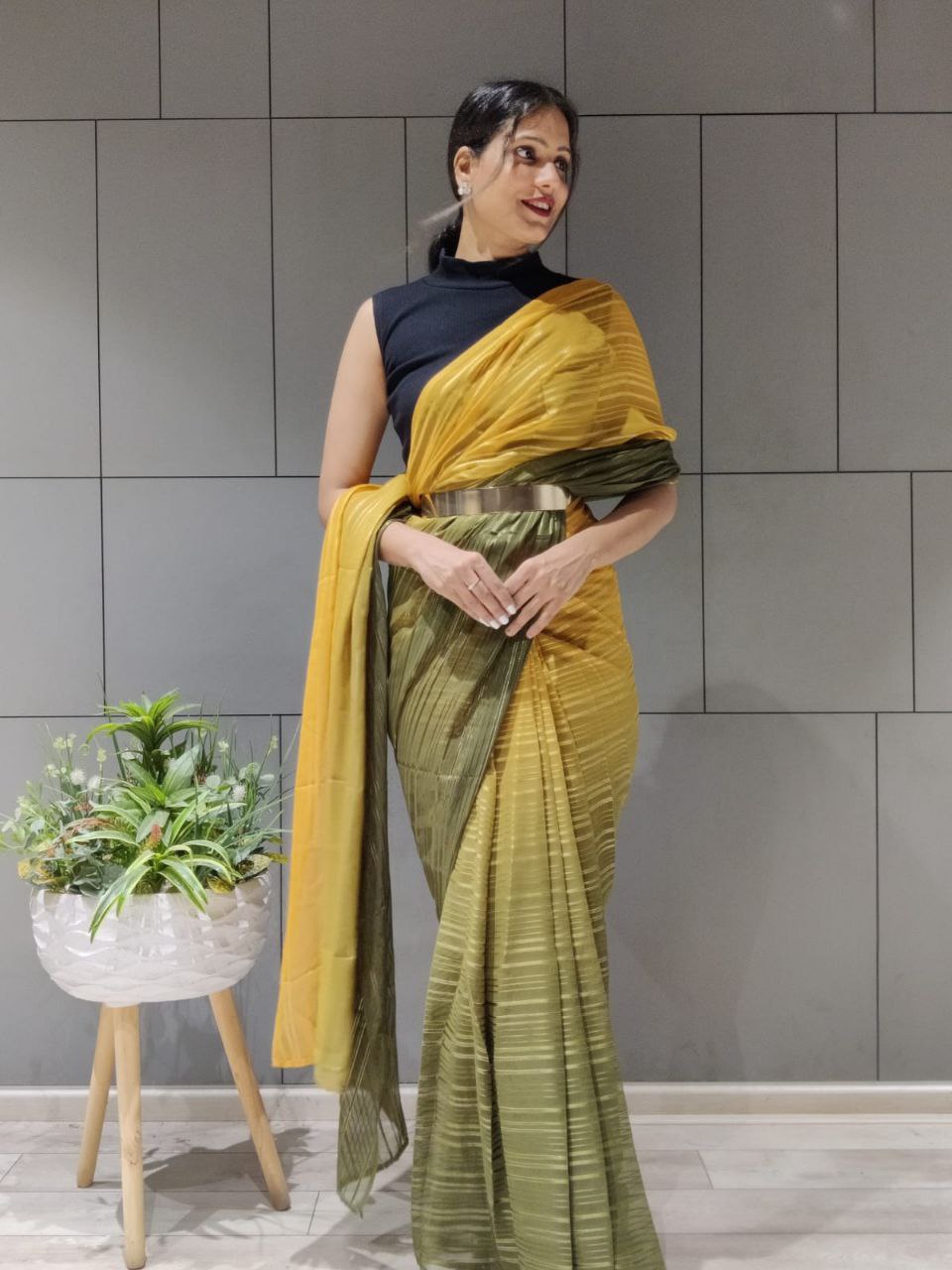 1-min ready to wear satin patti 3d shaded saree with unstitch blouse. D9 MUSTERD