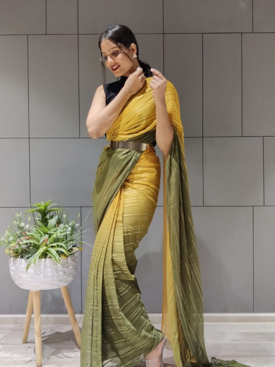 1-min ready to wear satin patti 3d shaded saree with unstitch blouse. D9 MUSTERD