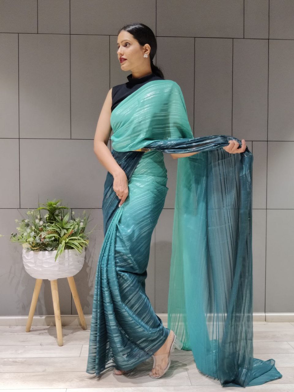 1-min ready to wear satin patti 3d shaded saree with unstitch blouse. D9 RAMA