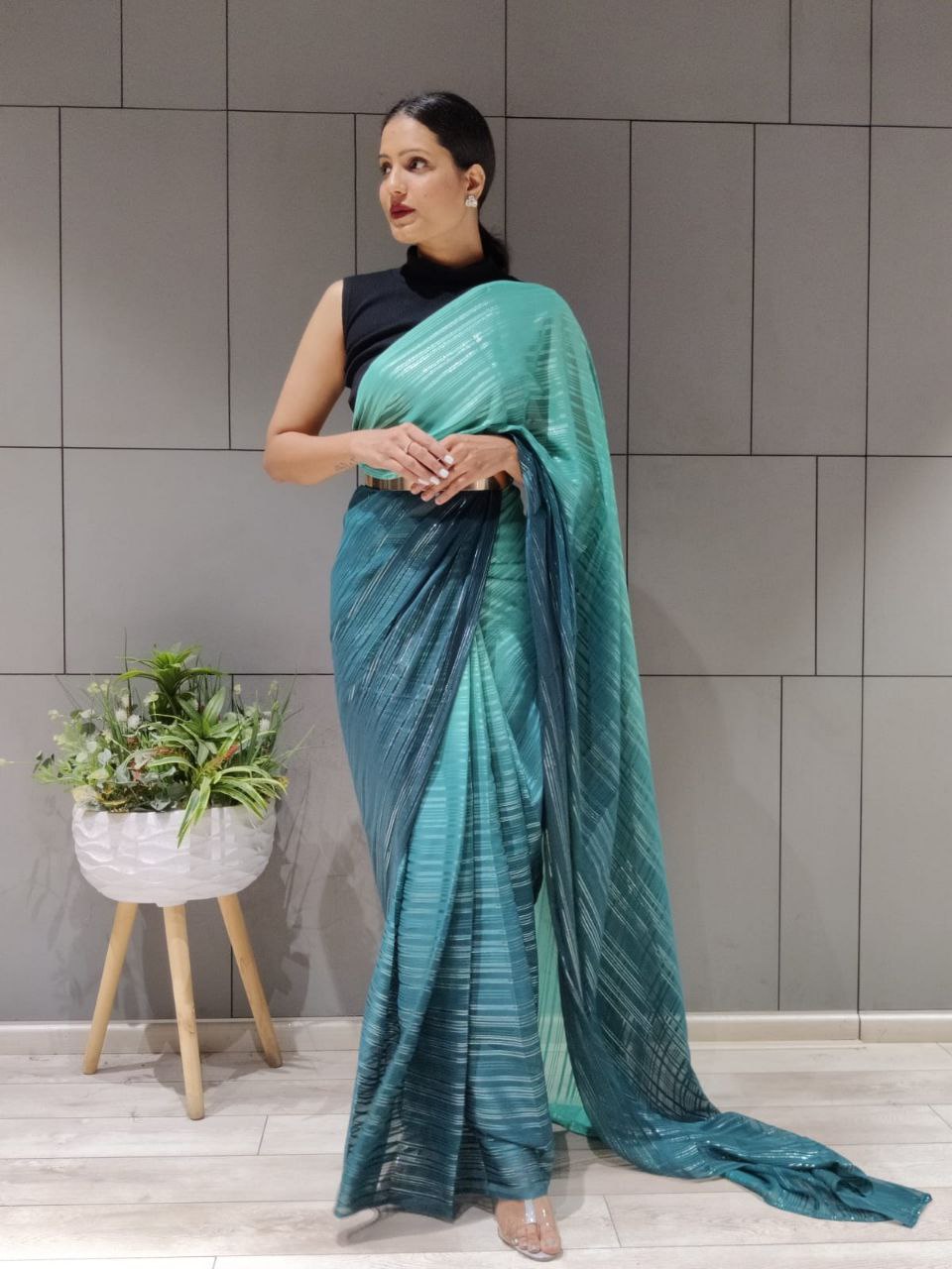 1-min ready to wear satin patti 3d shaded saree with unstitch blouse. D9 RAMA