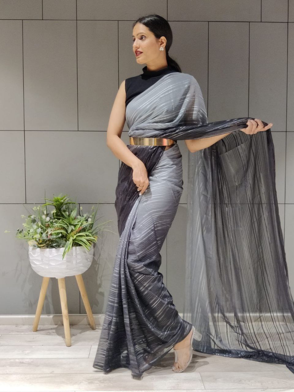 1-min ready to wear satin patti 3d shaded saree with unstitch blouse. D9 BLACK