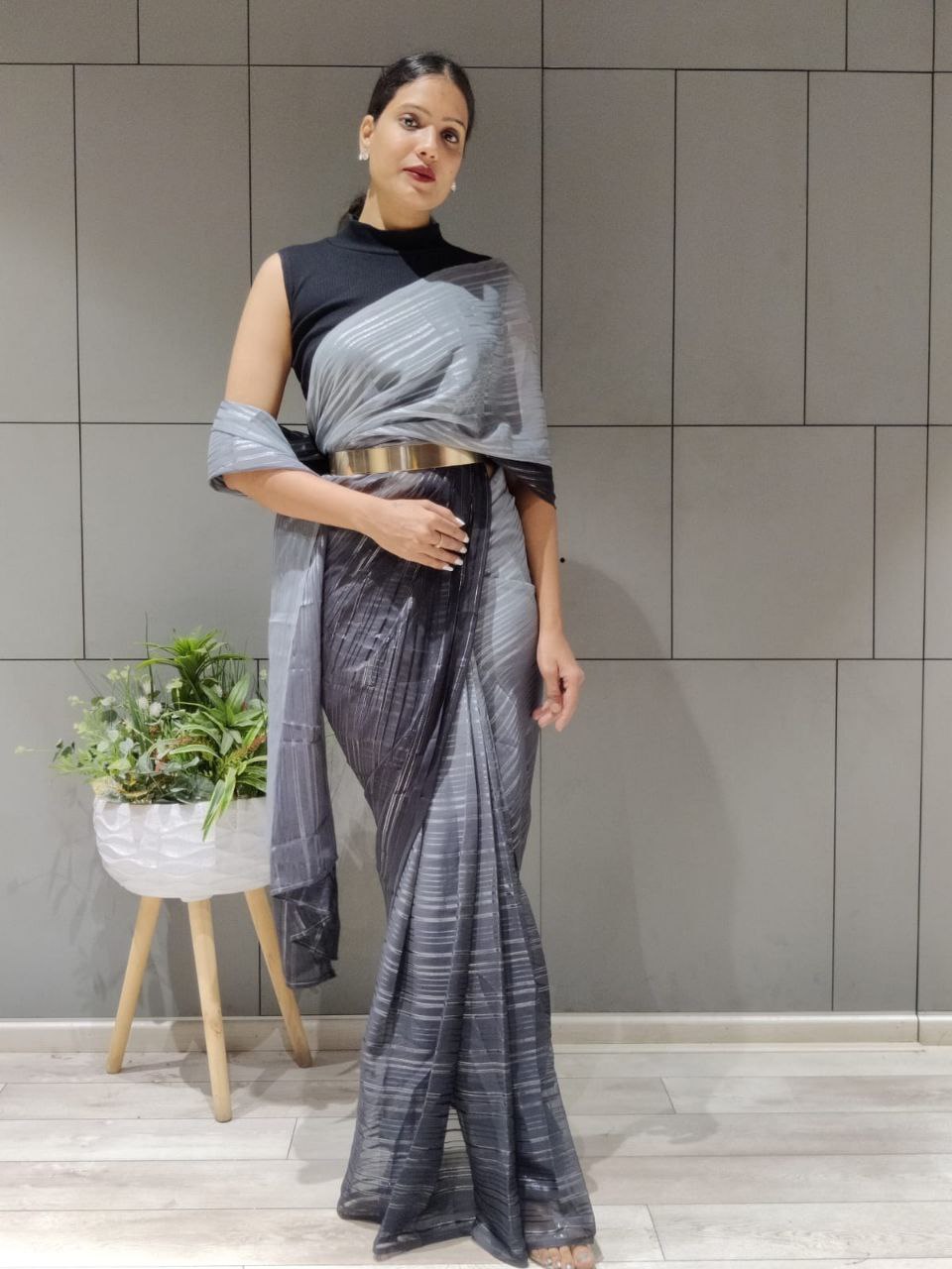 1-min ready to wear satin patti 3d shaded saree with unstitch blouse. D9 BLACK