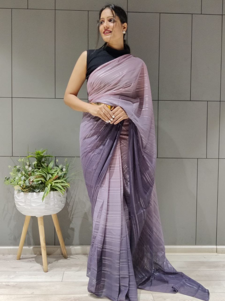 1-min ready to wear satin patti 3d shaded saree with unstitch blouse. D9 PURPLE