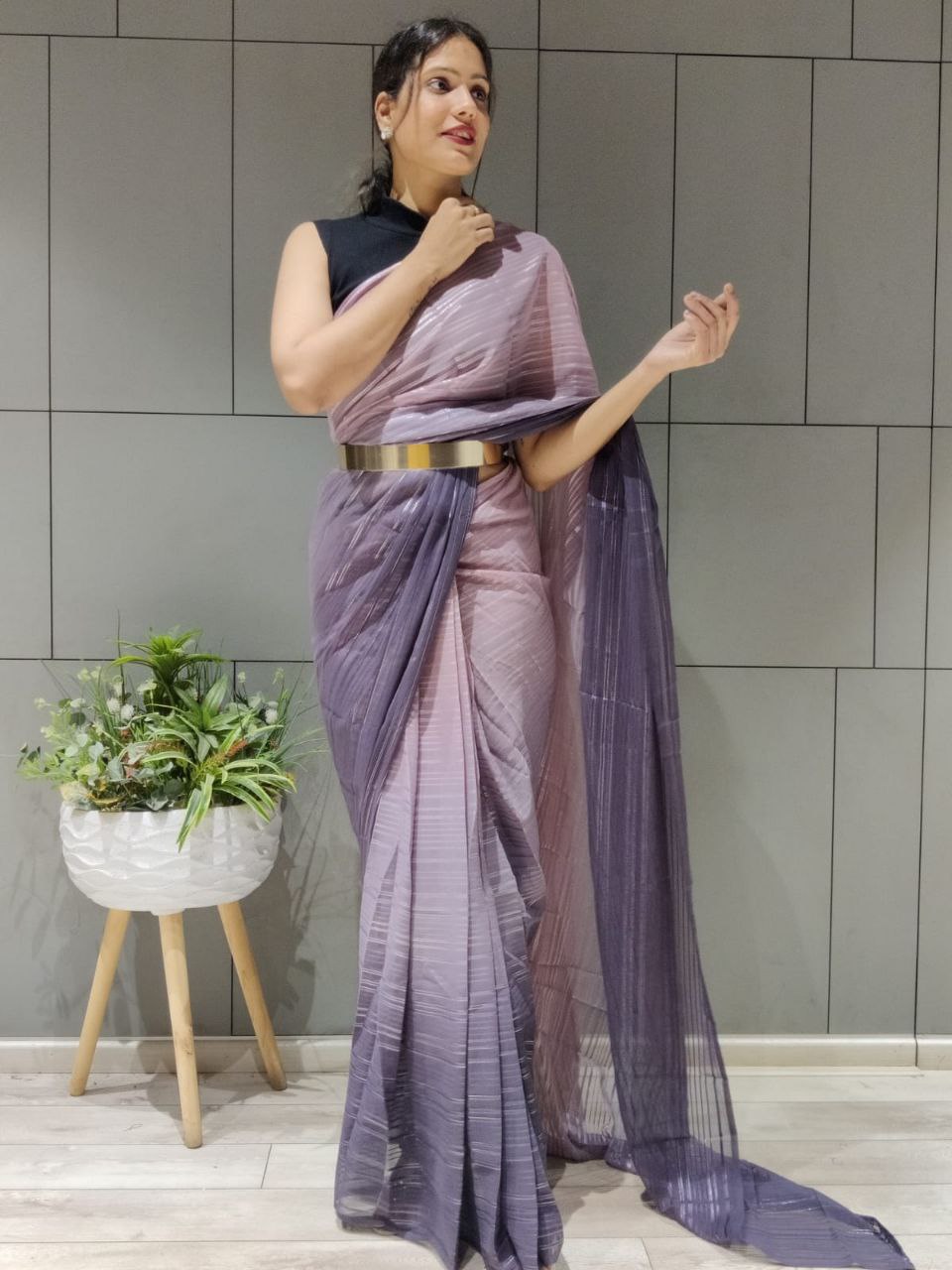 1-min ready to wear satin patti 3d shaded saree with unstitch blouse. D9 PURPLE