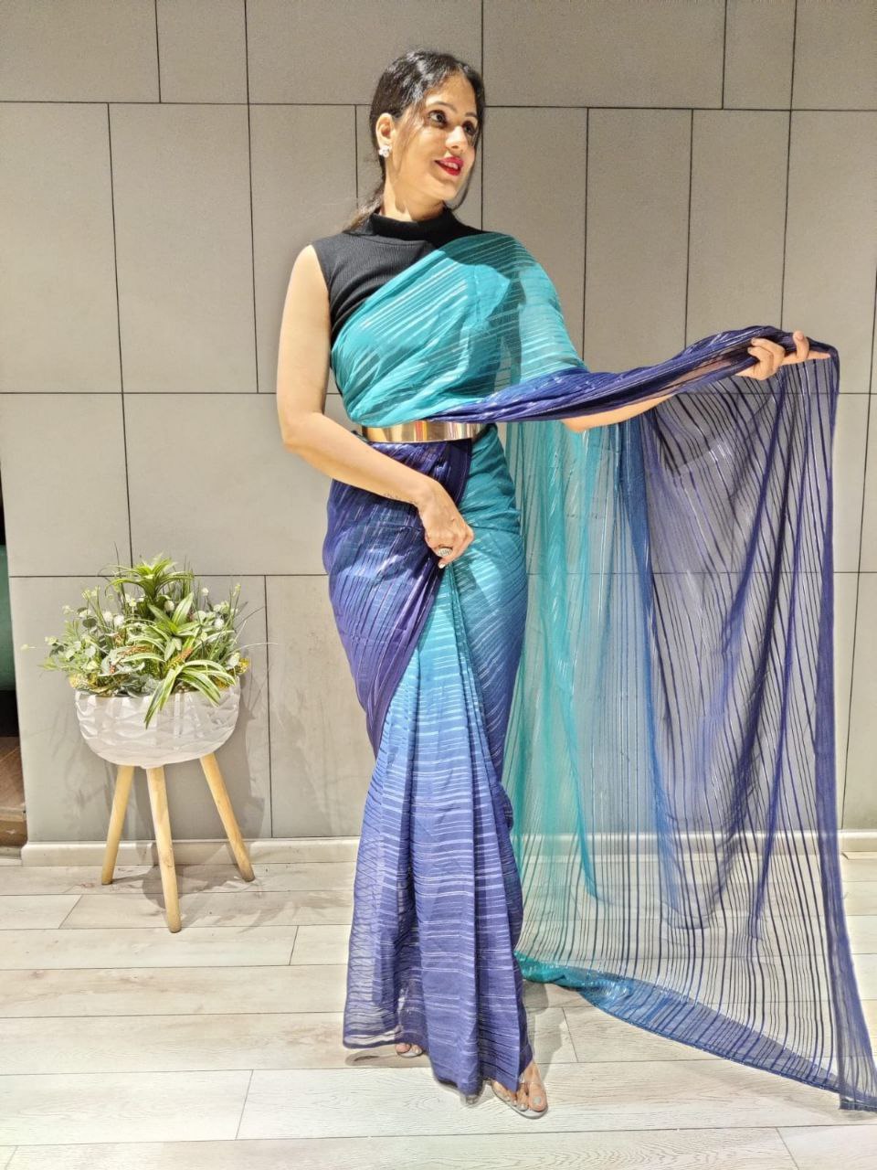 1-min ready to wear satin patti 3d shaded saree with unstitch blouse. D9 N.BLUE