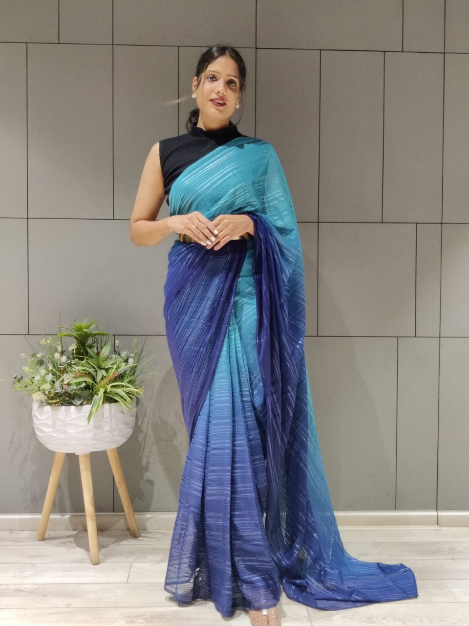 1-min ready to wear satin patti 3d shaded saree with unstitch blouse. D9 N.BLUE