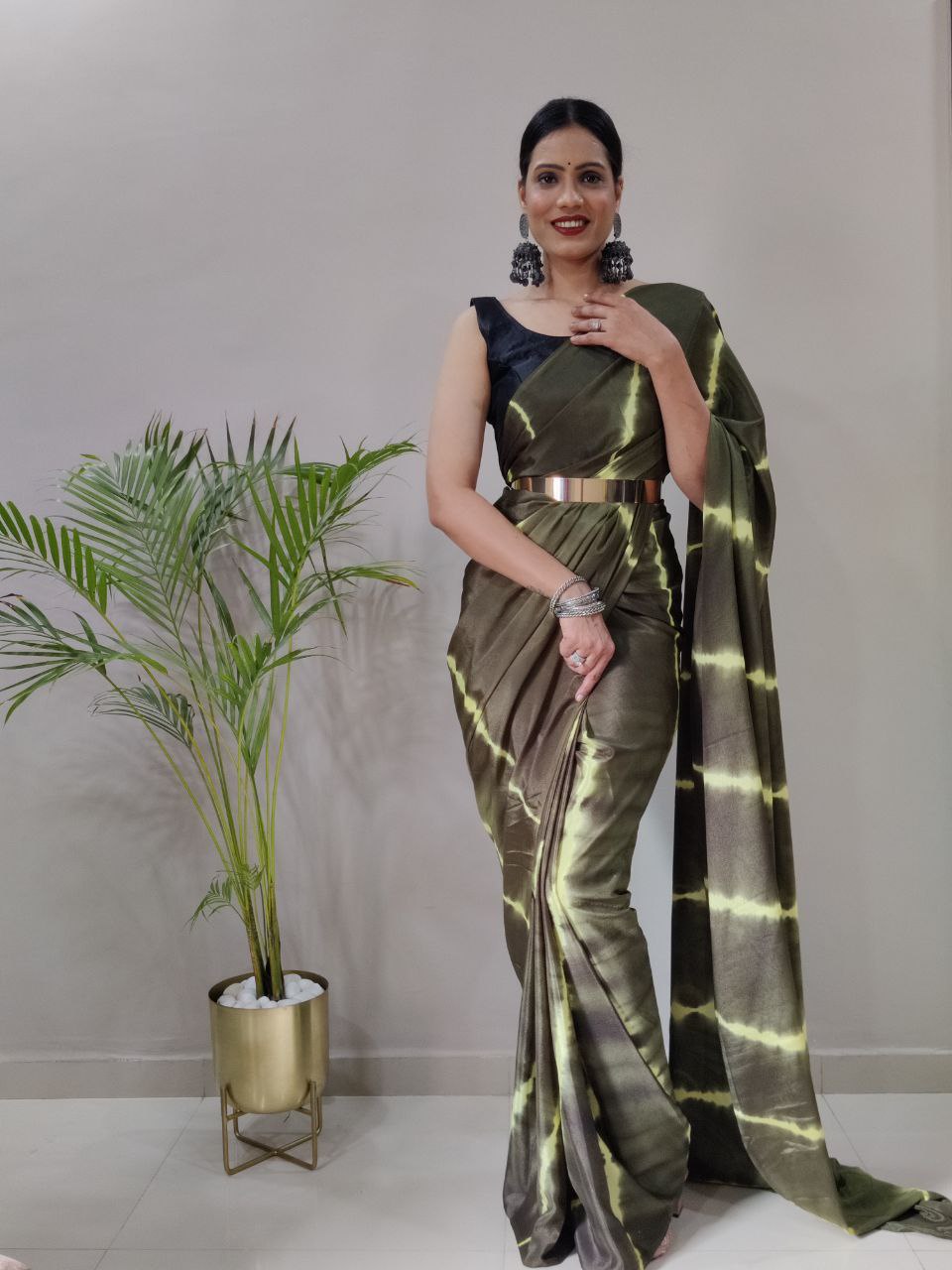 1-min ready to wear chinon leriya design saree with unstitch blouse.  LERIYA MEHENDI