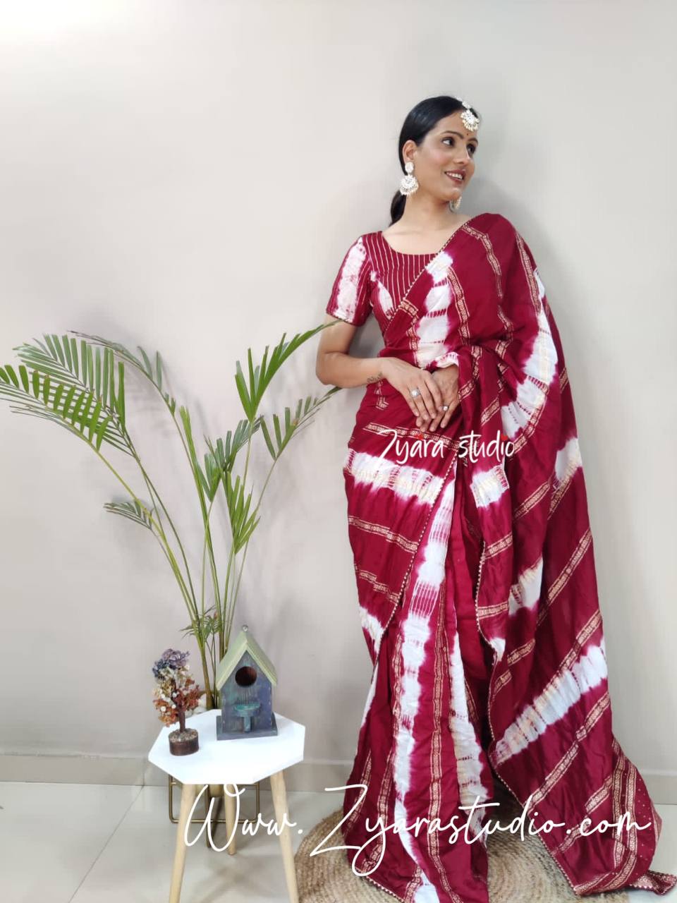 1-min ready to wear nylon viscose chanderi silk saree with unstitch blouse. TY JQ MAROON