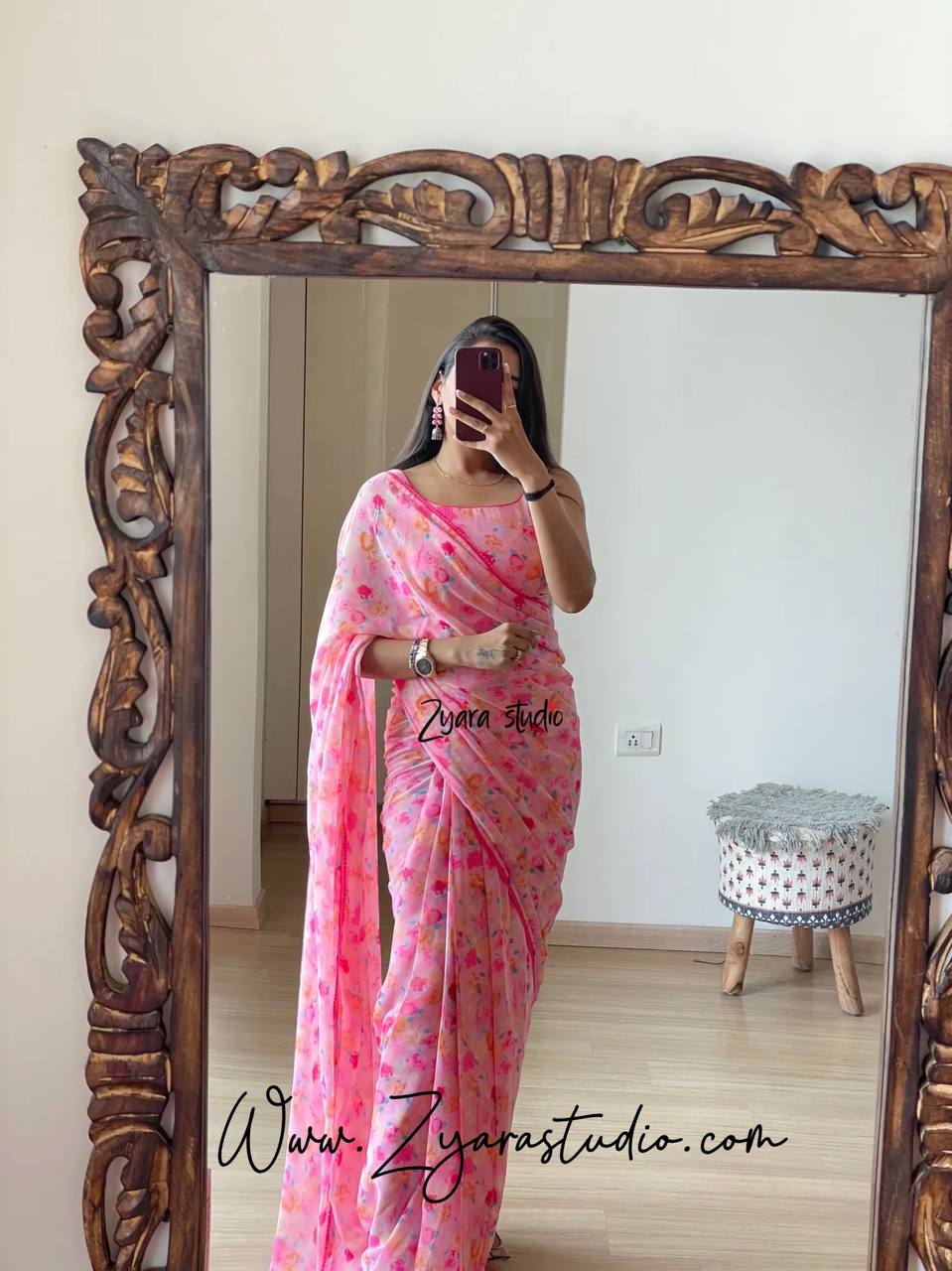 1-Min ready to wear fox georgette floral digital print saree with unstitch blouse. Pink Floral