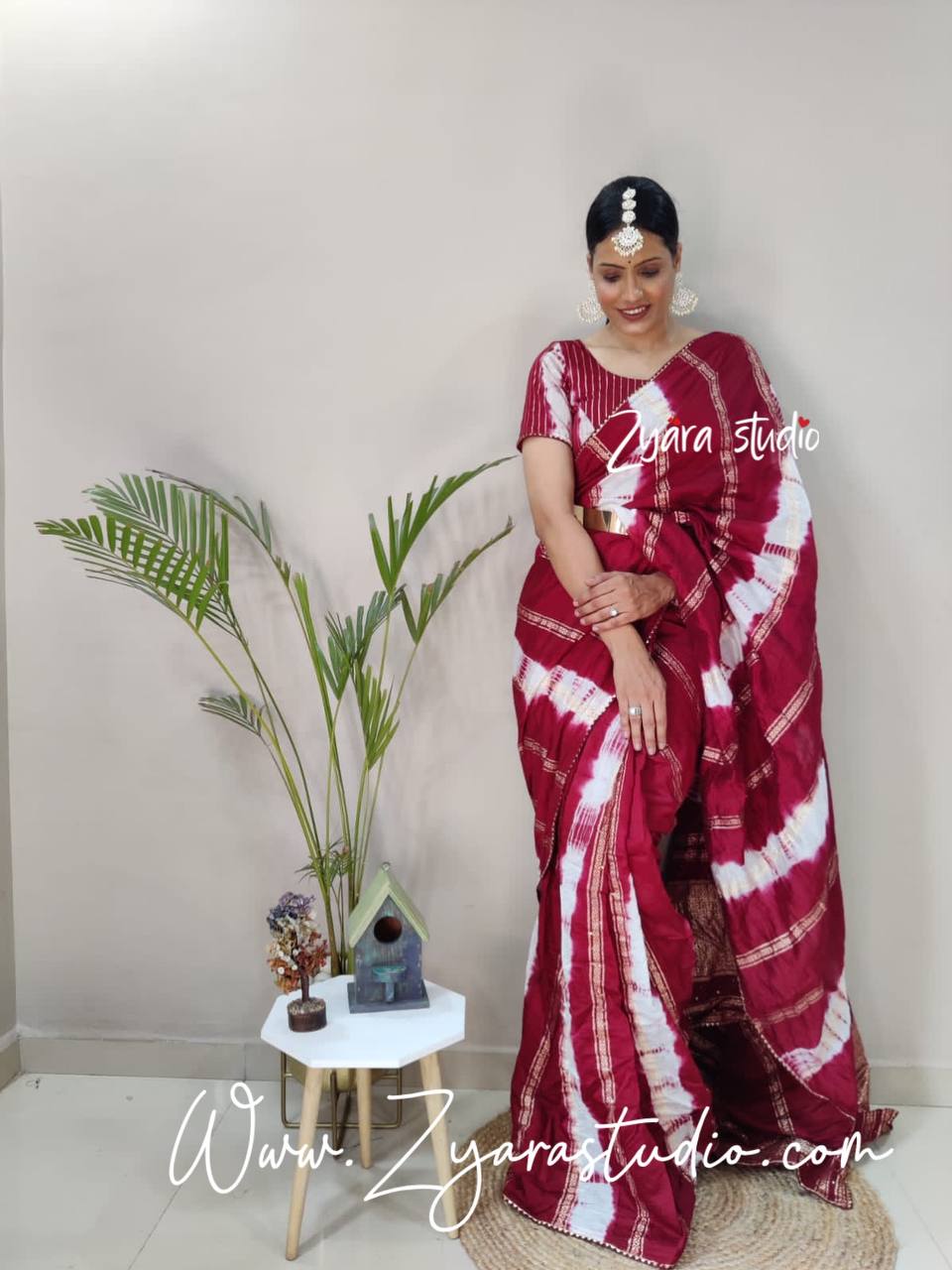 1-min ready to wear nylon viscose chanderi silk saree with unstitch blouse. TY JQ MAROON