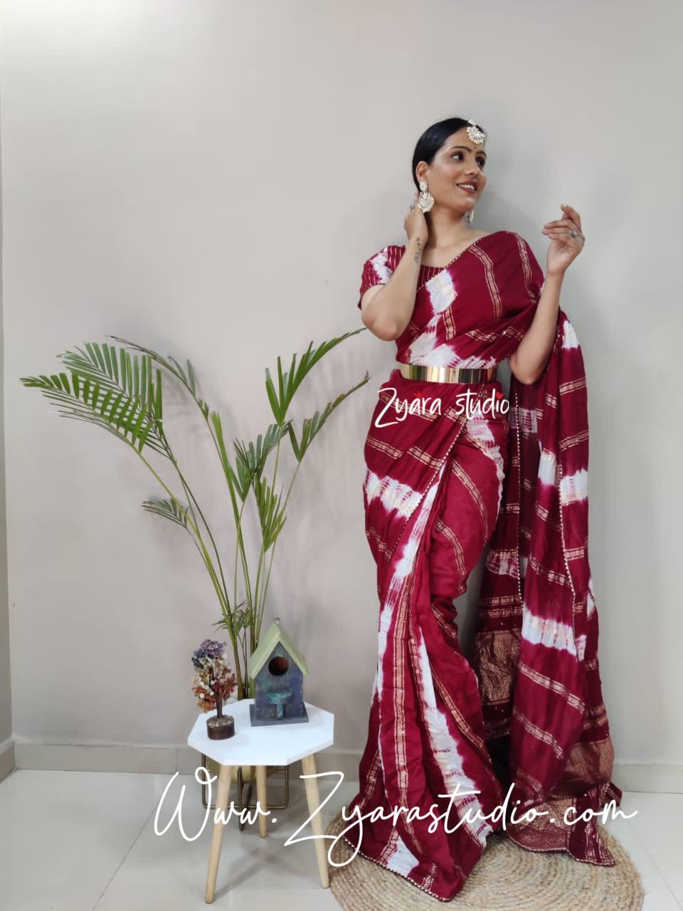 1-min ready to wear nylon viscose chanderi silk saree with unstitch blouse. TY JQ MAROON