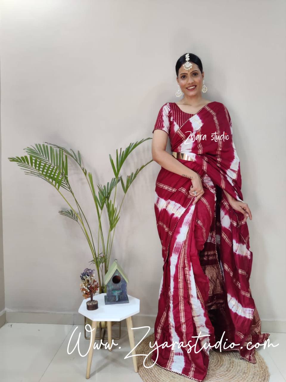 1-min ready to wear nylon viscose chanderi silk saree with unstitch blouse. TY JQ MAROON