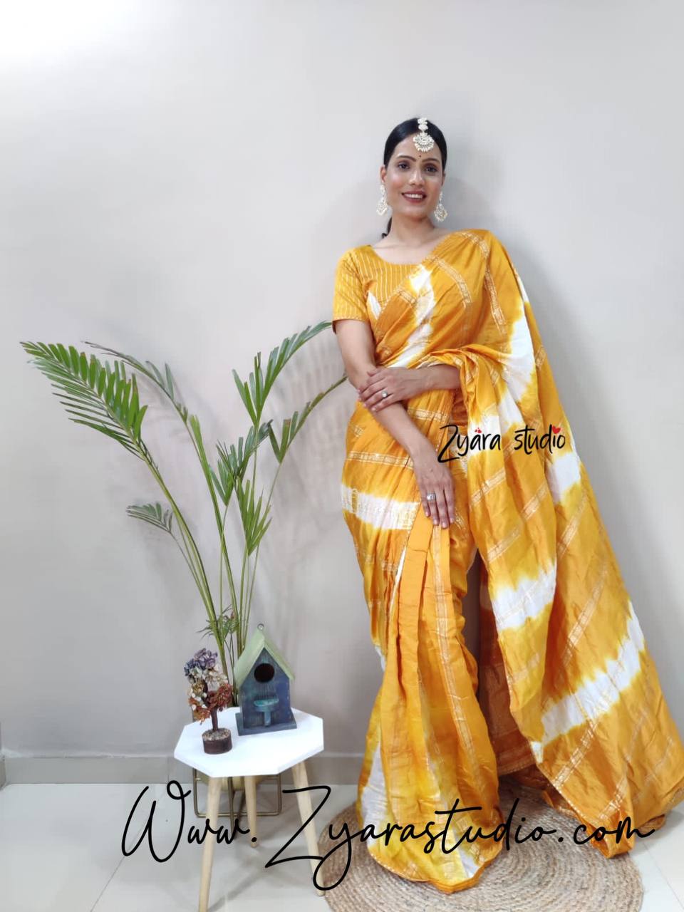 1-min ready to wear nylon viscose chanderi silk saree with unstitch blouse. TY JQ YELLOW