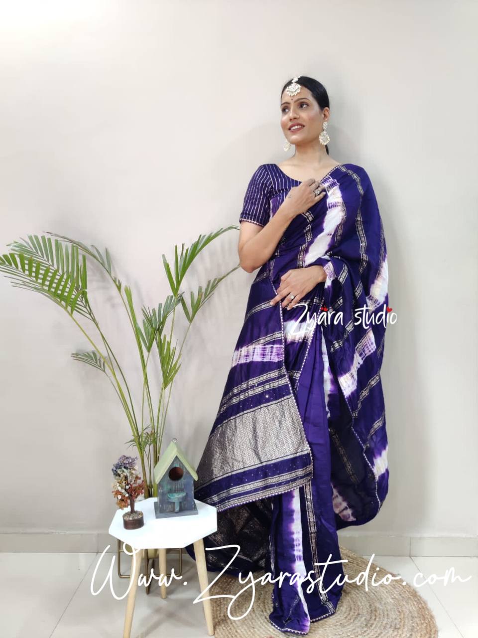 1-min ready to wear nylon viscose chanderi silk saree with unstitch blouse.  TY JQ BLUE