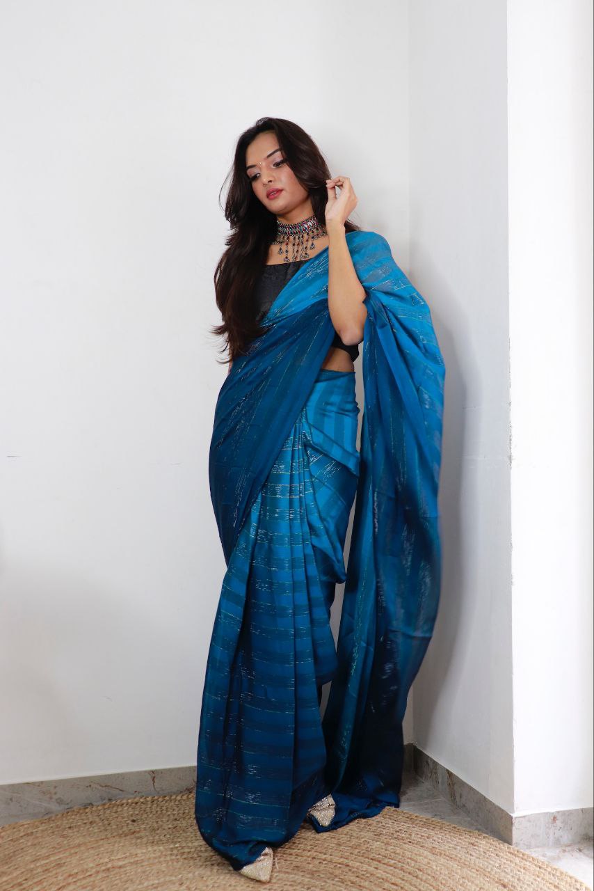 1-min ready to wear satin patti 3d shaded saree with unstitch blouse. TAAPSEE R.BLUE