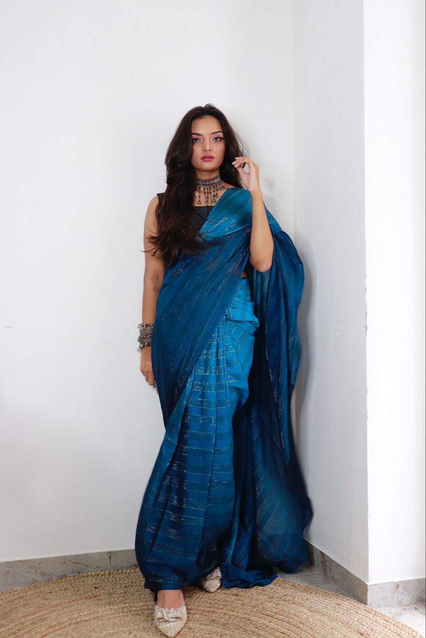 1-min ready to wear satin patti 3d shaded saree with unstitch blouse. TAAPSEE R.BLUE