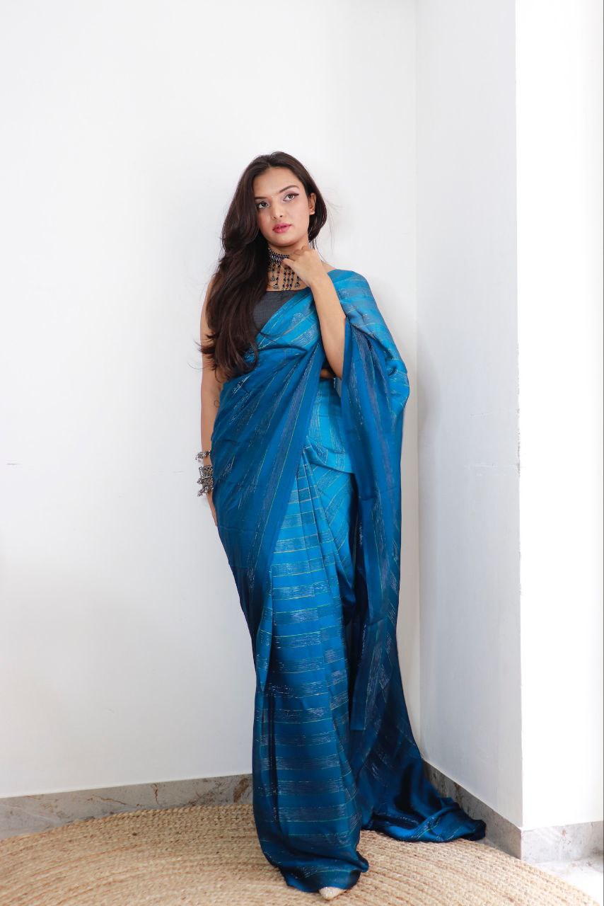 1-min ready to wear satin patti 3d shaded saree with unstitch blouse. TAAPSEE R.BLUE