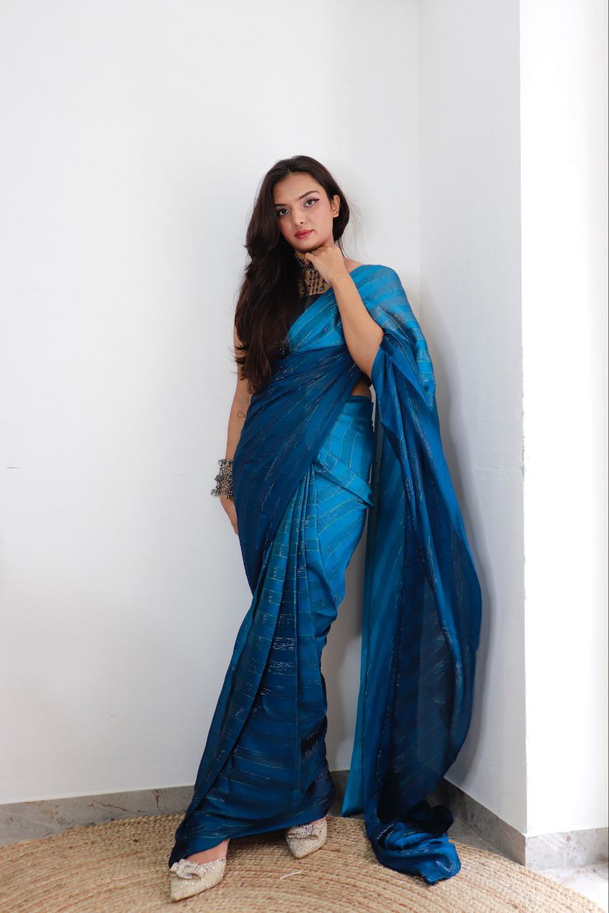 1-min ready to wear satin patti 3d shaded saree with unstitch blouse. TAAPSEE R.BLUE