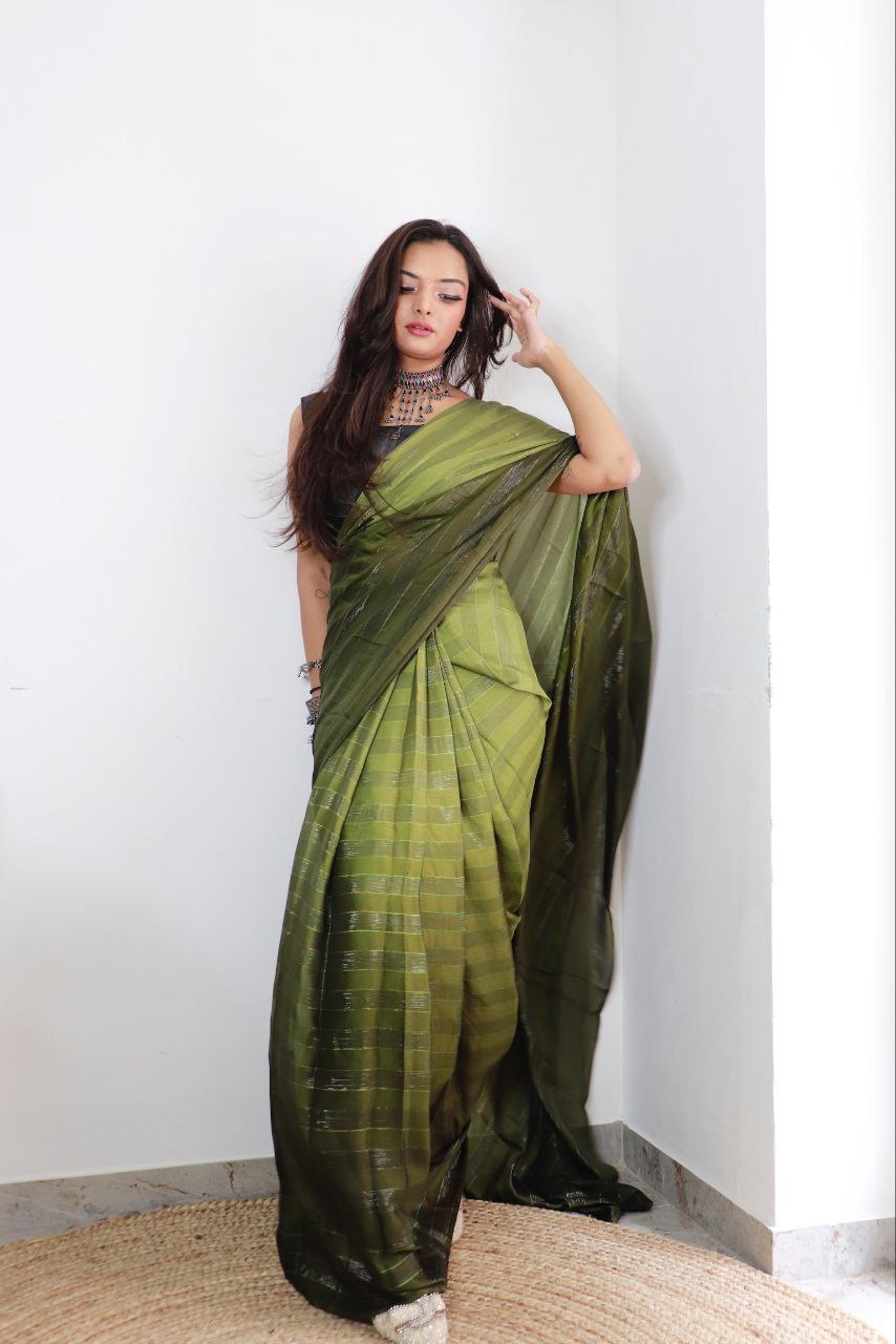 1-min ready to wear satin patti 3d shaded saree with unstitch blouse.   TAAPSEE PARROT-GREEN