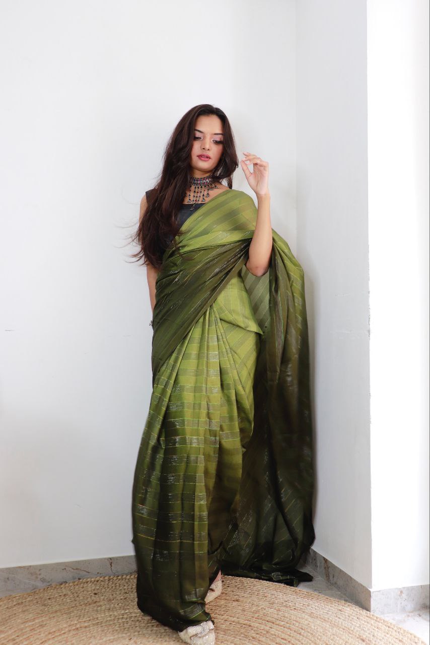 1-min ready to wear satin patti 3d shaded saree with unstitch blouse.   TAAPSEE PARROT-GREEN