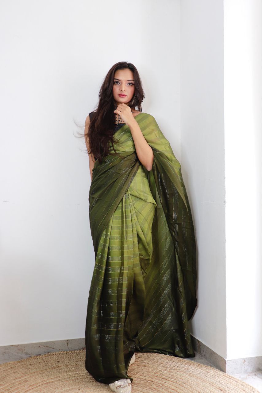 1-min ready to wear satin patti 3d shaded saree with unstitch blouse.   TAAPSEE PARROT-GREEN