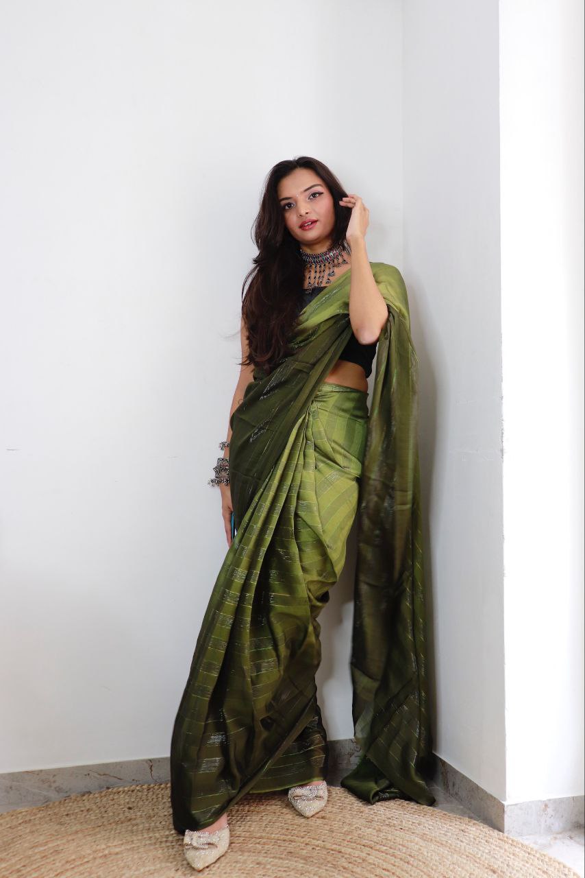 1-min ready to wear satin patti 3d shaded saree with unstitch blouse.   TAAPSEE PARROT-GREEN