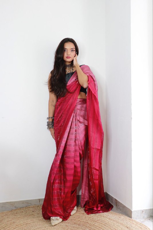 1-min ready to wear satin patti 3d shaded saree with unstitch blouse. TAAPSEE PINK