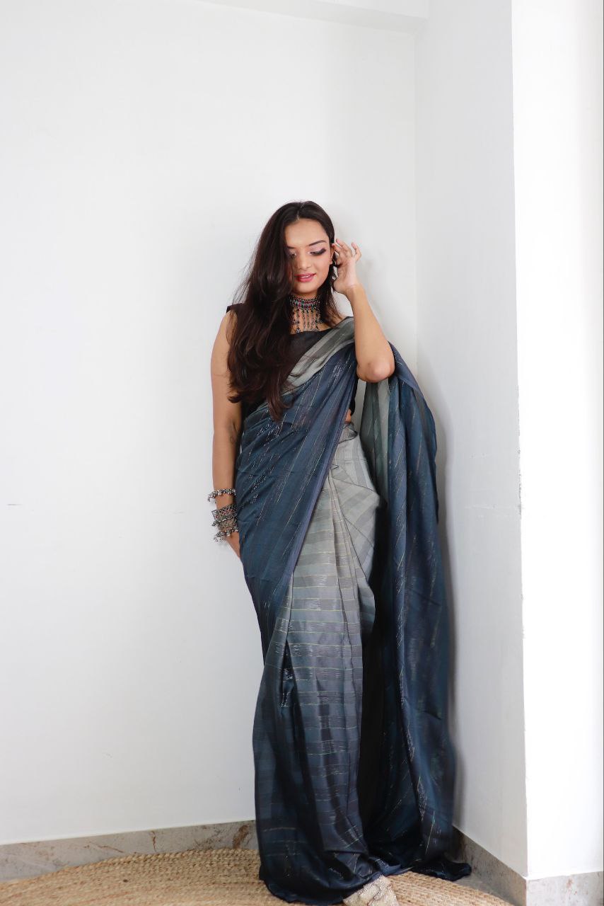 1-min ready to wear satin patti 3d shaded saree with unstitch blouse.