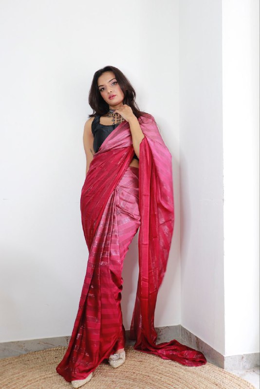 1-min ready to wear satin patti 3d shaded saree with unstitch blouse. TAAPSEE PINK