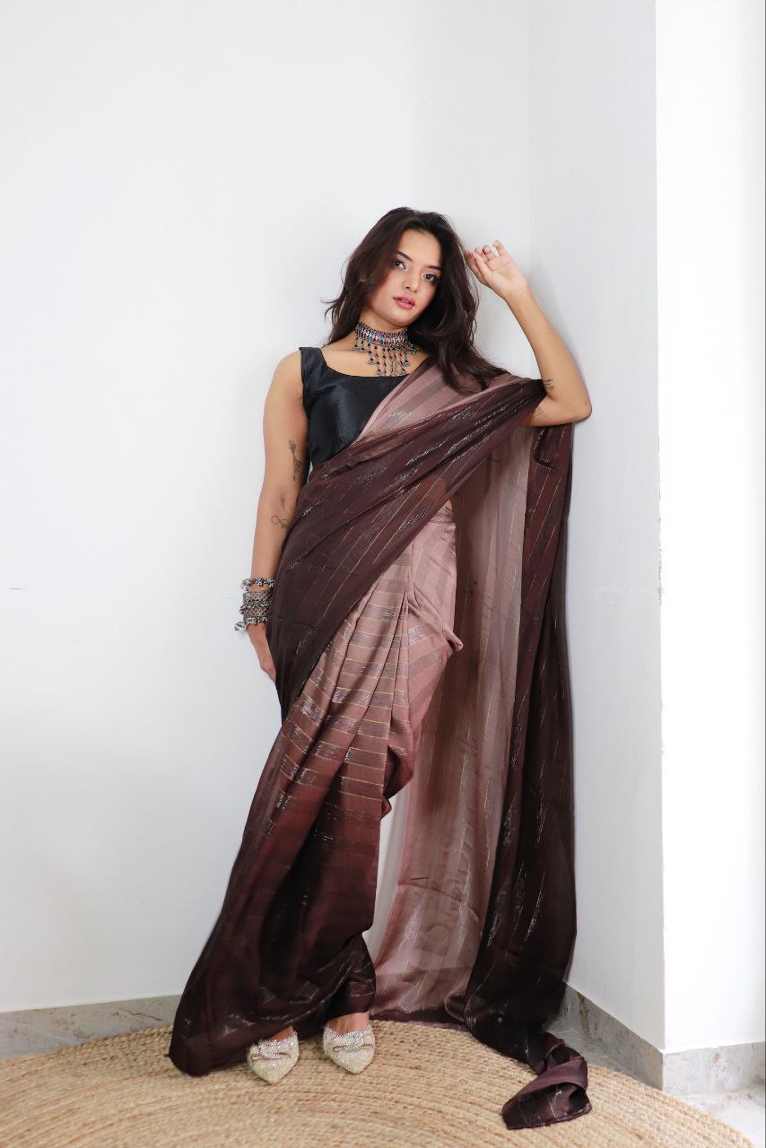 1-min ready to wear satin patti 3d shaded saree with unstitch blouse. TAAPSEE BROWN