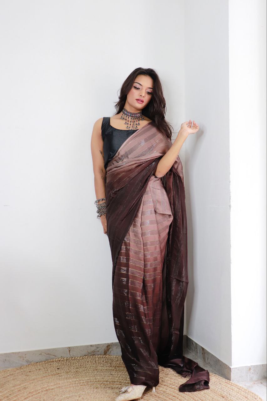 1-min ready to wear satin patti 3d shaded saree with unstitch blouse. TAAPSEE BROWN